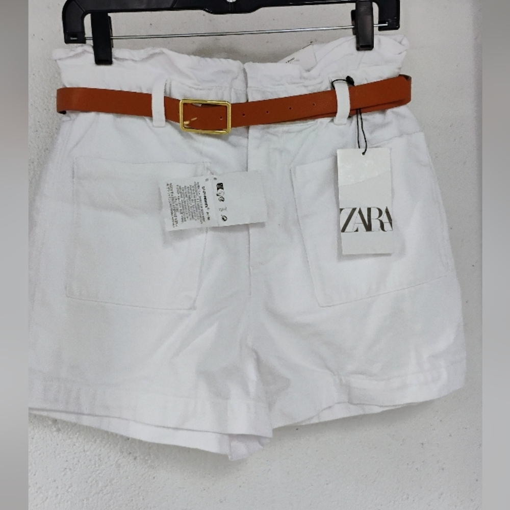Zara White High-Waist Paperbag Shorts with Tan Belt